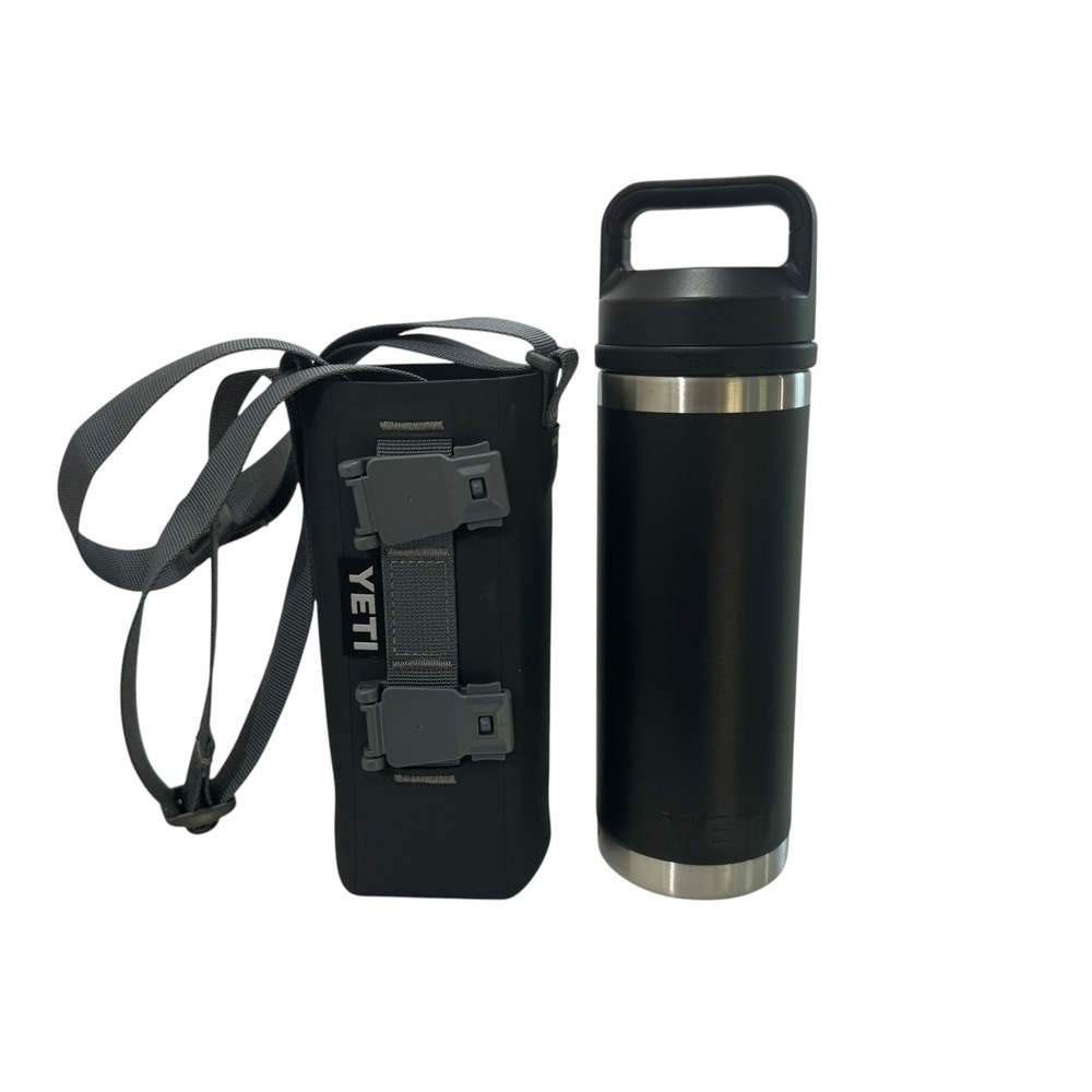 Yeti Rambler 18 oz Black Water Bottle with Chug Cap and Bottle Sling Small Set